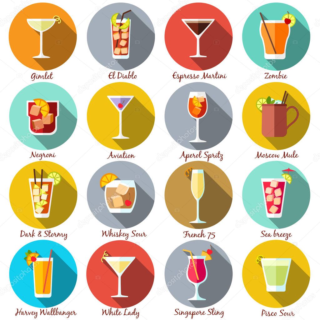 Alcohol drinks and cocktails icon set in flat design style. Vector illustration