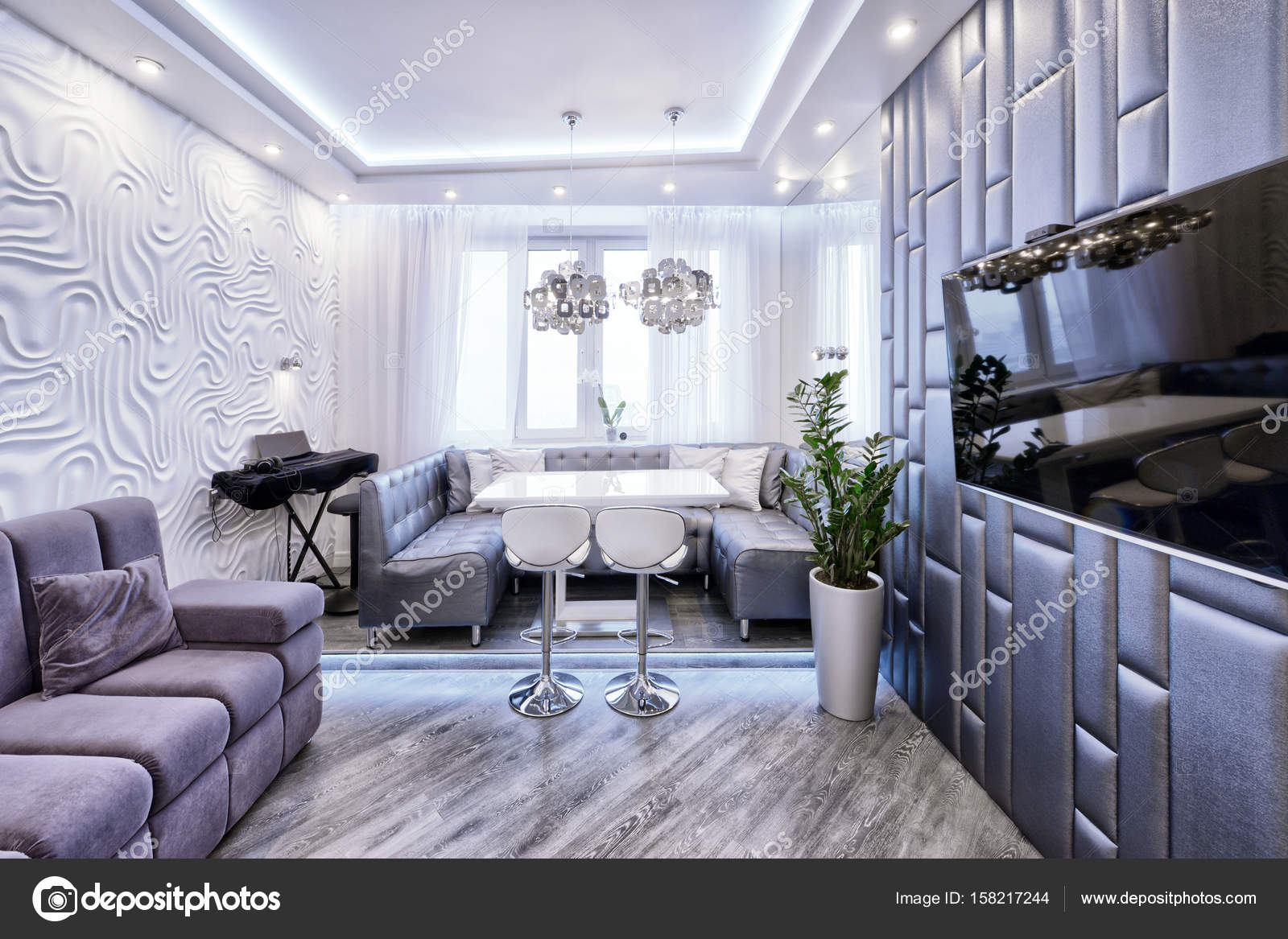 Modern design belsŠnappali egy luxus lakás, szürke és fehér ... Design nappali