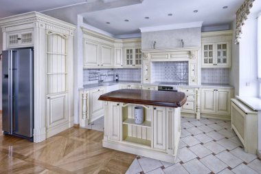 Modern tasarım beyaz mutfak geniş bir daire içinde.