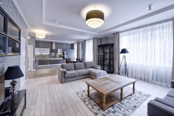 Interior Diseño Moderno Sala Estar Apartamento Lujo Tonos Grises Blancos — Foto de Stock