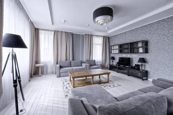 Modernes Wohnzimmerdesign Einer Luxuswohnung Grau Und Weißtönen — Stockfoto