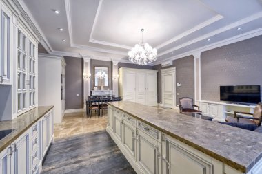 Gri ve beyaz tonlarda lüks bir daire içinde beyaz mutfak modern tasarım iç odası.
