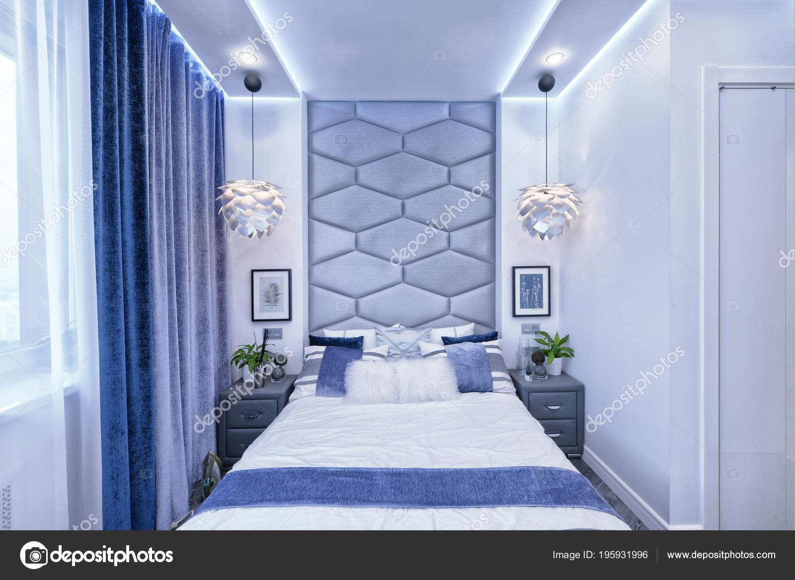 Interior Dormitorio Diseño Moderno Tonos Gris Azul Apartamento Lujo