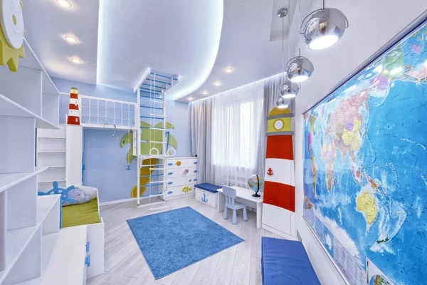 Wnętrze Sypialni Dla Dzieci Dla Chłopca Morskim Stylu — Zdjęcie stockowe