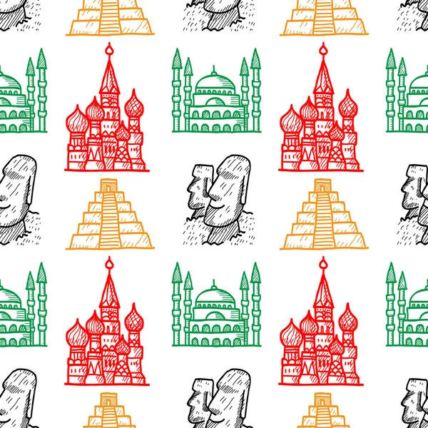 Attractions of the world seamless pattern, background with hand drawn famous landmarks. Vector