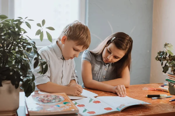 CoVid-19 karantinası sırasında evde kitap okuyan oğlan ve kız, bilgisayarla uzaktan öğrenme, okul için ödev yapan bir çocuk. Çocuklar evde kaldı..