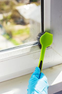 Koruyucu mavi eldivenli kadın fırça kullanarak cam temizliyor. Temizlik kavramı
