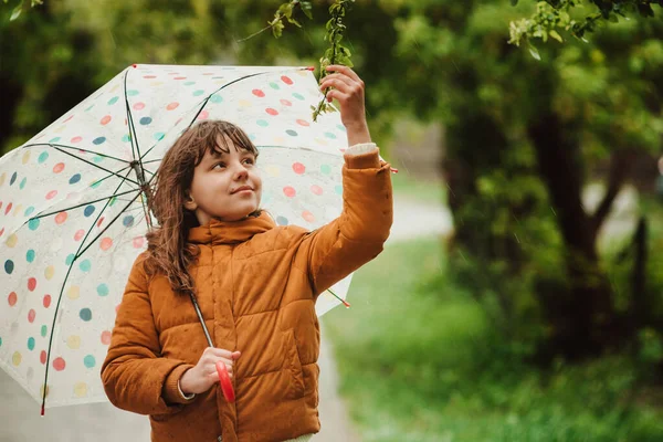 Sarı ceketli ve renkli şemsiyeli mutlu kız çocuğu. Doğa, mutluluk. Soğuk bahar yağmurlu gün.
