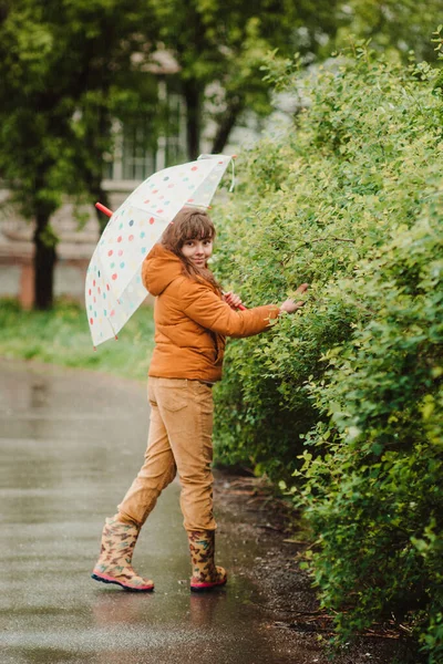 Menina Feliz Criança Casaco Amarelo Guarda Chuva Colorido Natureza Felicidade — Fotografia de Stock