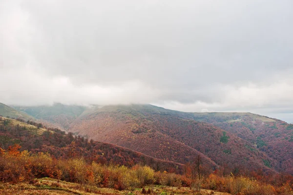 Vista panorámica de los bosques rojos y anaranjados de otoño de montaña que cubren b — Foto de Stock