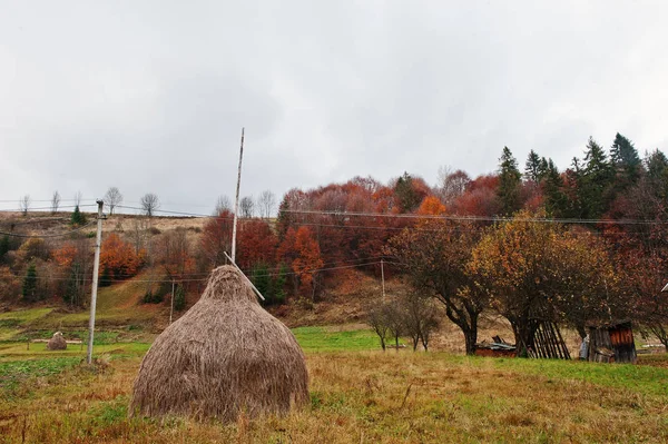 Haycock em pequena aldeia em montanhas dos Cárpatos no outono — Fotografia de Stock