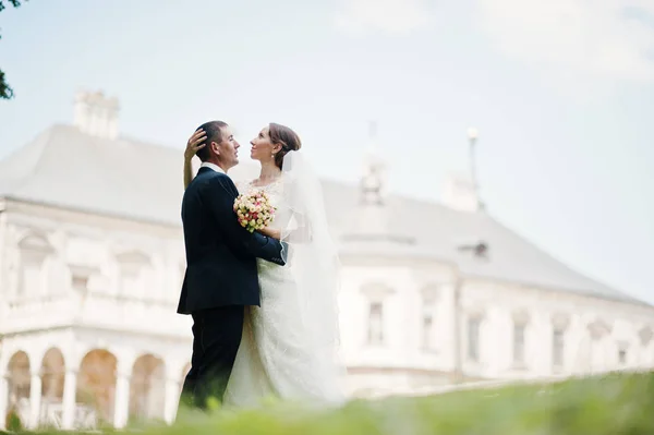 Bruidspaar achtergrond oude vintage kasteel. Gelukkig jonggehuwden bij — Stockfoto