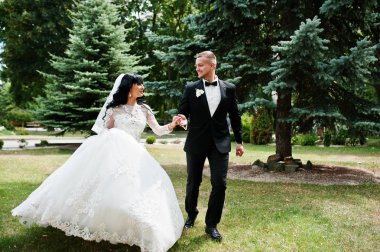 Neşeli Düğün çifti Holding çalışan yeşil bahçe co üzerinde eller