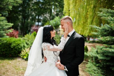 Glamourus evlilik çift bahçesinde çam ağaçlarının.