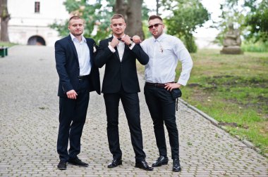 En iyi ile yakışıklı damat mans veya sağdıç biz Park'ta üzerinde poz verdi