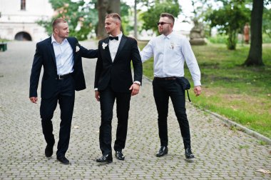 En iyi ile yakışıklı damat mans veya sağdıç biz Park'ta üzerinde poz verdi