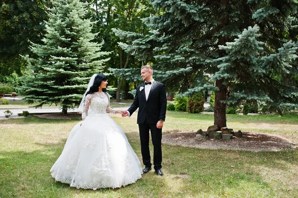 Alegre pareja de boda tomados de la mano en el patio verde del jardín . —  Fotos de Stock