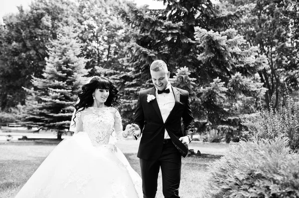 Pasangan menikah ceria berjalan bergandengan tangan di kebun hijau co — Stok Foto