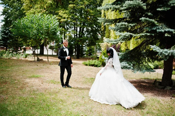 Glamourus pareja de boda en el jardín de pinos . —  Fotos de Stock