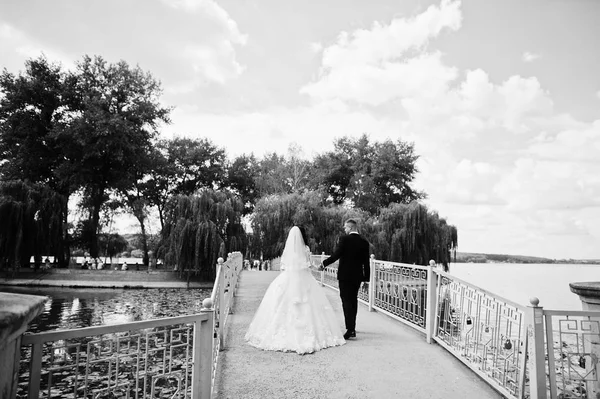 Visão traseira do casal de casamento andando na ponte para a ilha do amor . — Fotografia de Stock