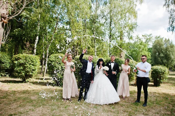 Stilvolles Hochzeitspaar, Trauzeuge und Brautjungfern mit Champagner — Stockfoto