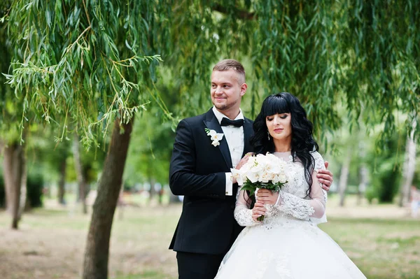 Pasangan pengantin pilihan tetap berpelukan di taman latar belakang willow — Stok Foto