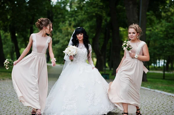 Fine bride with bridesmaids at beige dress at path on park with — Stock Photo, Image