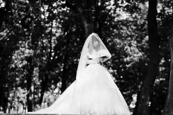 Muhteşem kıvırcık esmer gelin peçe ve düğün buketi h üzerinde — Stok fotoğraf