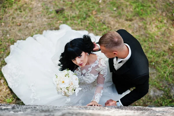 Vista de cima do par de casamento elegante no parque. Beijo de noivo ne — Fotografia de Stock