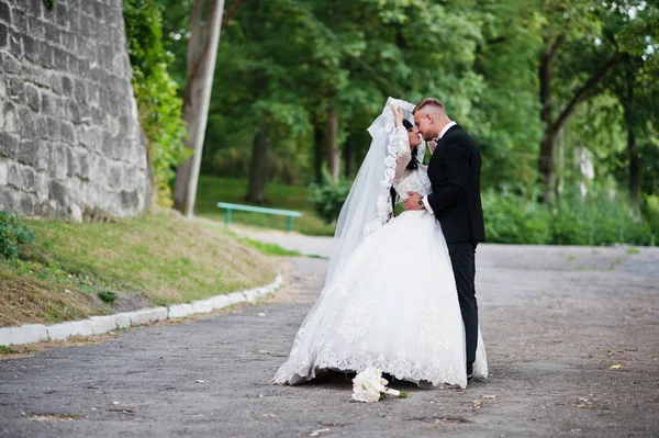 Para ślub sympatyczny pobyt i całuje pod zasłoną w parku. — Zdjęcie stockowe