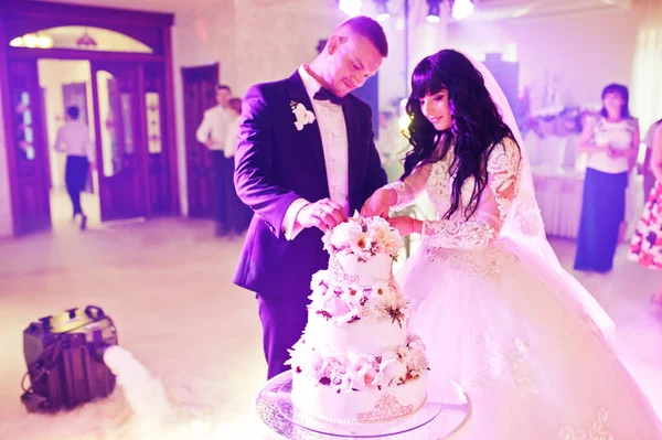 Impressionantes recém-casados na festa de casamento com bolo de casamento no colourfu — Fotografia de Stock