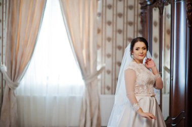 Genç esmer gelin odasını düğün gününde oluşturuyordu..