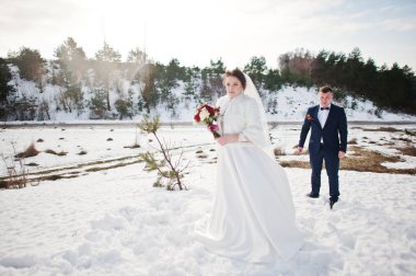 İnanılmaz genç Düğün çifti kış frost ve güneşli d aşık