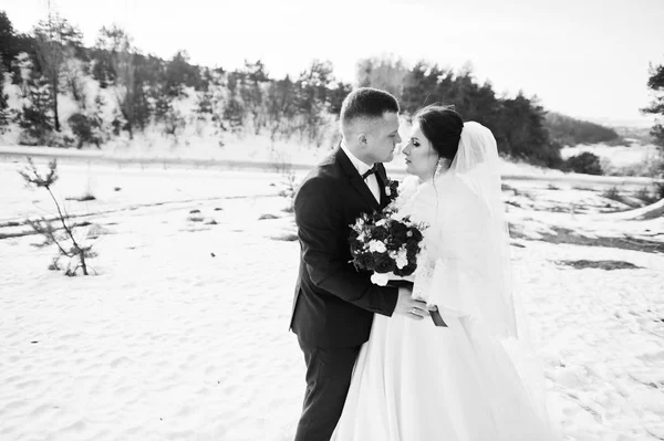 Verbazende jonge bruidspaar verliefd op winter frost en zonnige d — Stockfoto