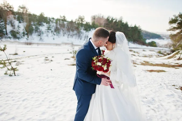 Amazing young wedding couple in love at winter frost and sunny d — Stock Photo, Image