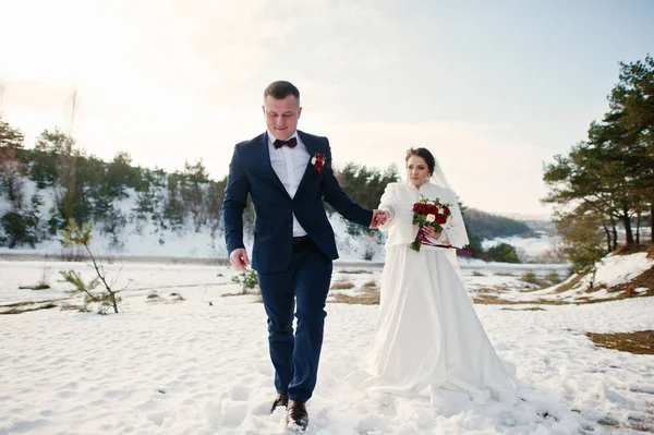 Increíble joven pareja de boda en el amor en las heladas de invierno y soleado d — Foto de Stock