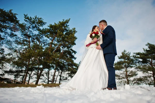 冬の霜で日当たりの良い d 愛の素晴らしい若い結婚式のカップル — ストック写真