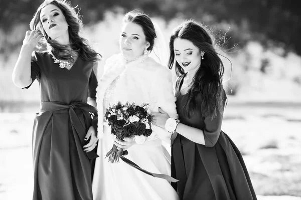 Pretty bridesmaids on red dresses with bride on sunny winter wed — Stock Photo, Image
