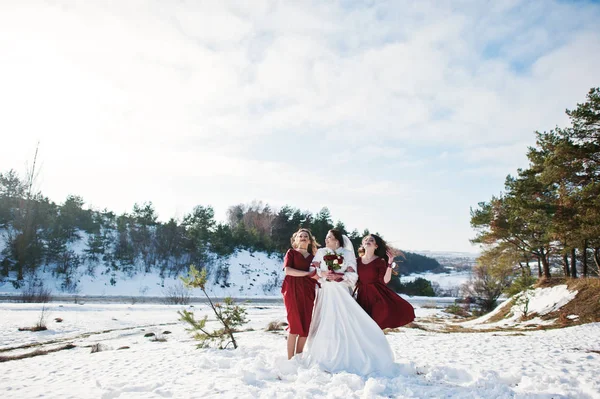 Красиві подружки на червоних сукнях з нареченою на сонячній зимовій сітці — стокове фото