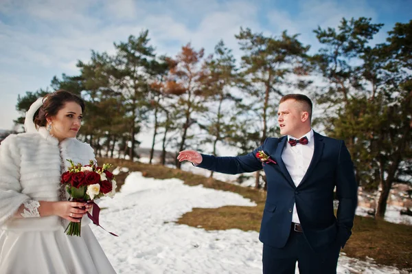 令人惊叹的年轻新婚夫妇在爱在冬季霜和阳光 d — 图库照片