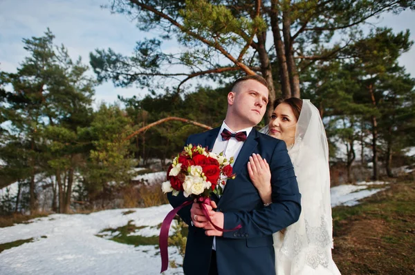 Дивовижна молода весільна пара закохана в зимові морози і сонячні д — стокове фото