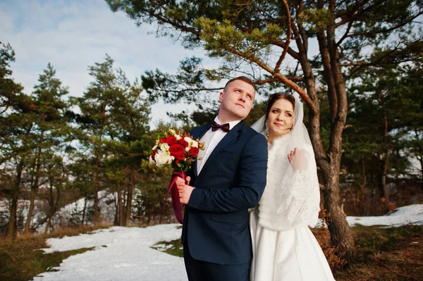 Fantastisk ung bröllop par i kärlek vid vinterfrost och soliga d — Stockfoto