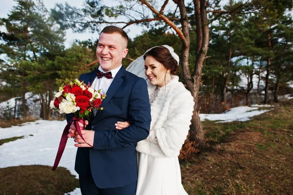 Increíble joven pareja de boda en el amor en las heladas de invierno y soleado d — Foto de Stock