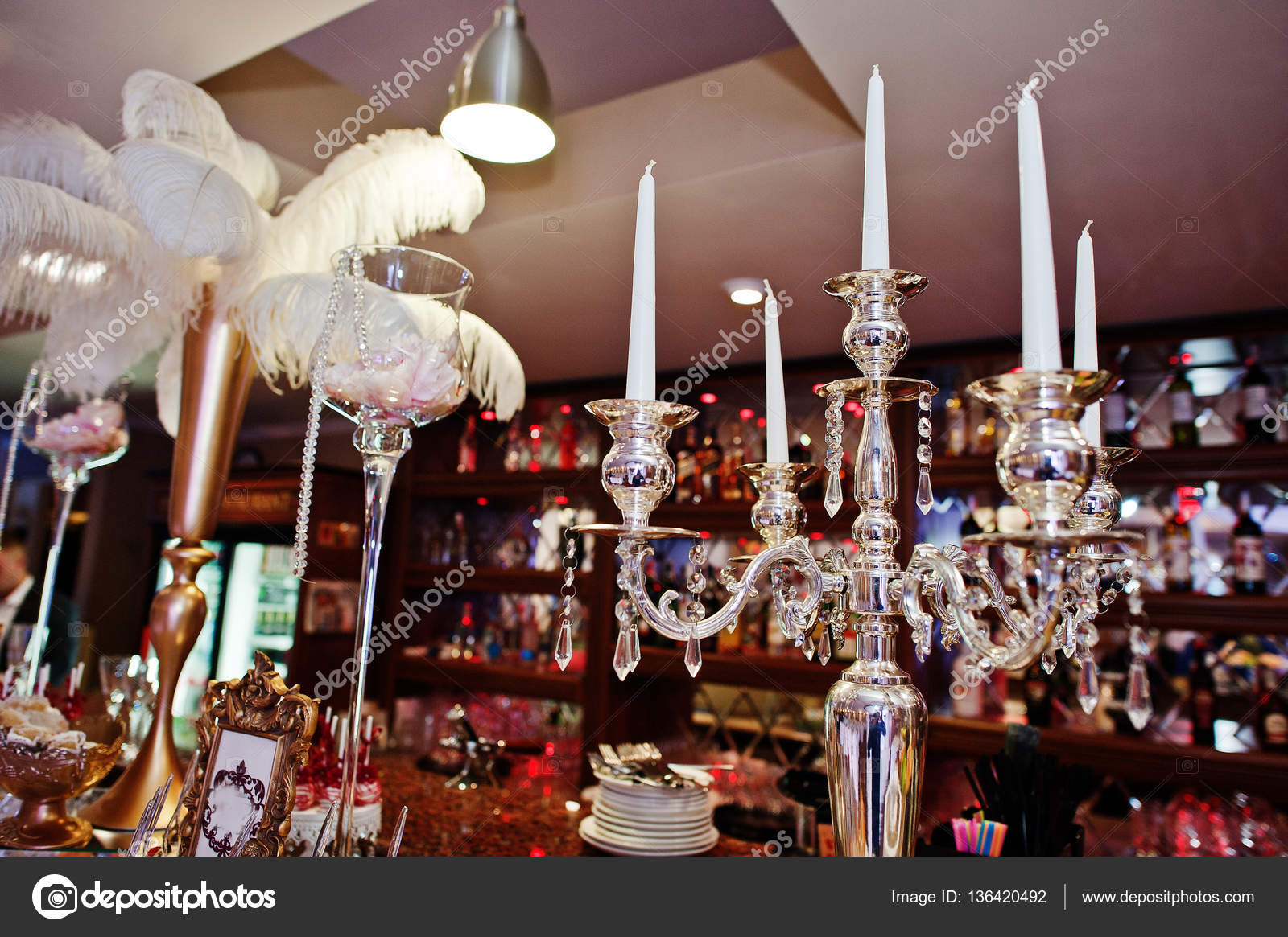 Silver Candlestick On Wedding Reception Table Stock Photo