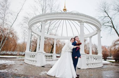 Şehvetli Düğün çifti, col sütunlarla Beyaz kemer arka plan