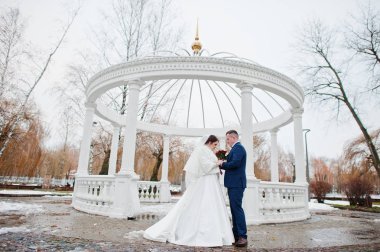 Şehvetli Düğün çifti, col sütunlarla Beyaz kemer arka plan