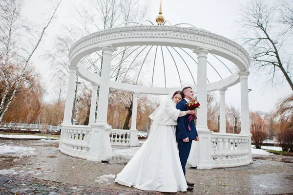 官能的な結婚式のカップルの背景で col 列を持つ白いアーチ — ストック写真