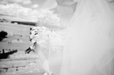 Çarklı esmer gelinim mavi gökyüzü ile karşı uzun peçe ile