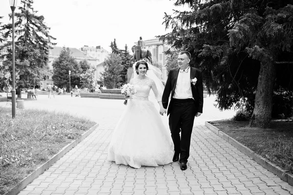 Happy wedding couple walking holding hands and smiling. Black an — Stock Photo, Image