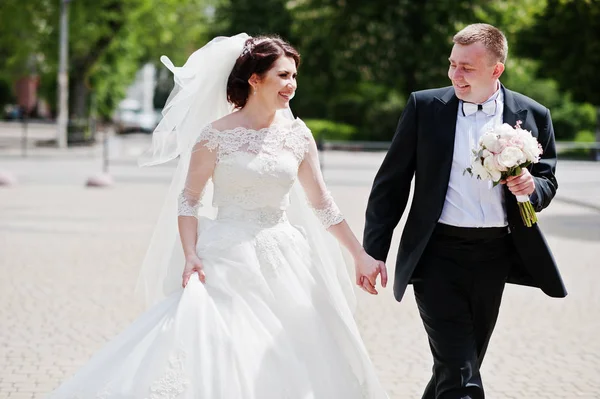 Happy wedding couple walking holding hands and smiling. — Stock Photo, Image